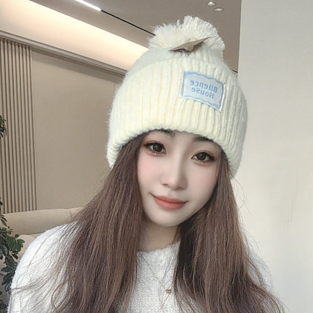 黄色毛球针织毛线帽女秋冬季