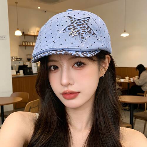 星星豹纹复古贝雷帽女显脸小