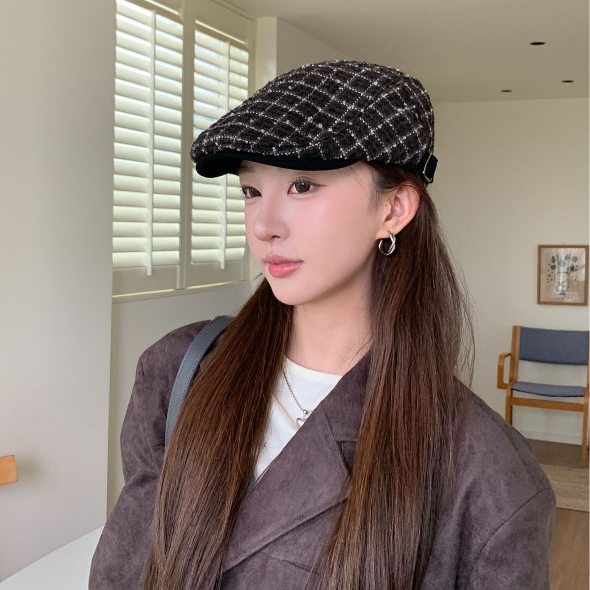 秋冬女小香风格子鸭舌帽显脸小