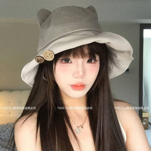 夏季猫耳钮扣渔夫帽女防晒显脸小