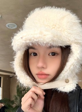毛绒护耳帽子女冬季白色滑雪加厚保暖骑行飞行帽防风防寒雷锋帽潮