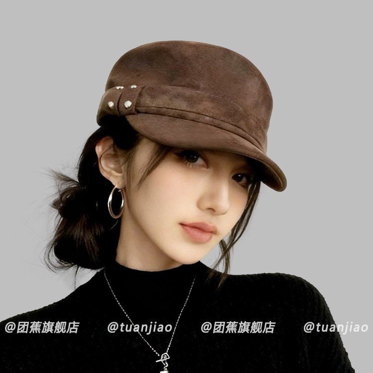 复古麂皮绒铆钉平顶马术帽女春秋