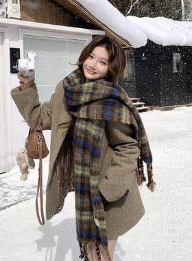 氛围感～仿马海毛蓝色格子拼色围巾冬季女2025高级感流苏保暖围脖