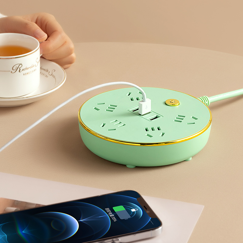 多功能插座可伸缩收纳带rUSB接口家用办公插座绿色带线接线板插排