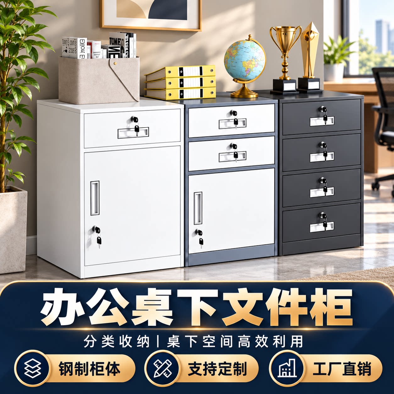 办公室桌下文件柜铁皮矮柜储物柜活动抽屉工具资料收纳带锁小柜子