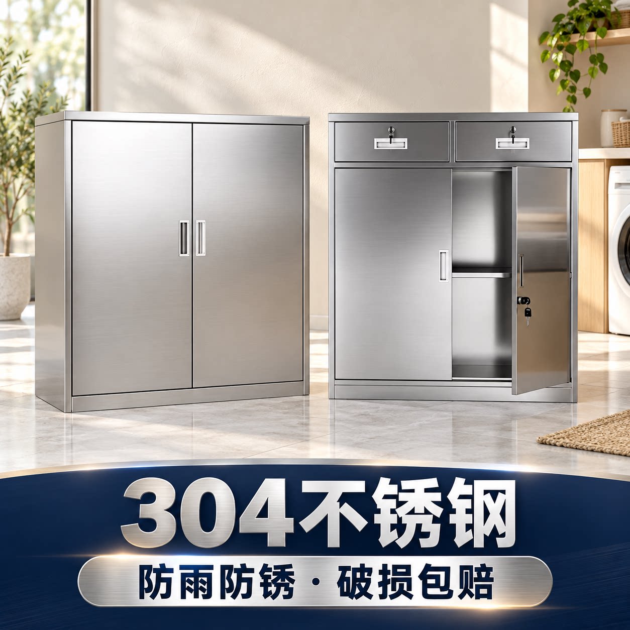 304不锈钢储物矮柜办公文件器械药品收纳柜户外带锁双开门工具柜