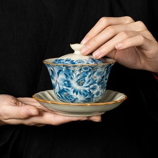 米黄汝窑金万花防烫梅花三才盖碗茶杯单个家用大号陶瓷带盖泡茶碗