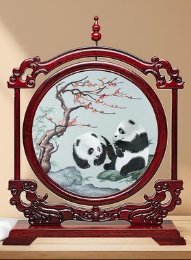 苏绣台屏手工双面刺绣摆件送礼屏风桌面工艺品新中式外国人礼品