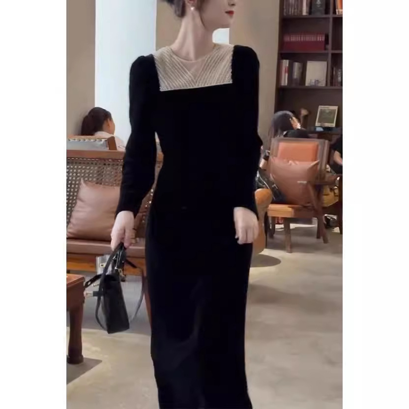 春秋新款法式复古气质女装高级感正式场合高端礼服黑色丝绒连衣裙