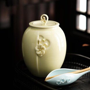 礼品盒家用茶仓 琛森茶叶罐陶瓷大号青瓷精品高档手工捏花茶叶包装