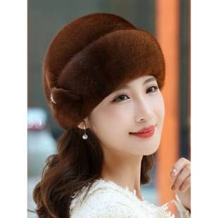帽子遮白发的头饰新款洋气好看妈妈款贝雷帽气质皮草貂毛女士高品