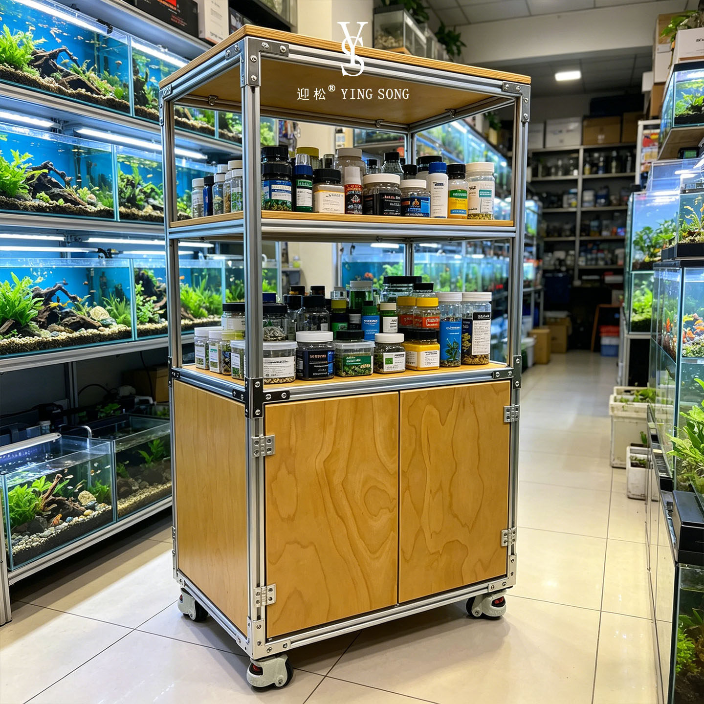 多层移动展示柜商用金属框架三层木质台面带轮储物陈列柜鱼缸柜