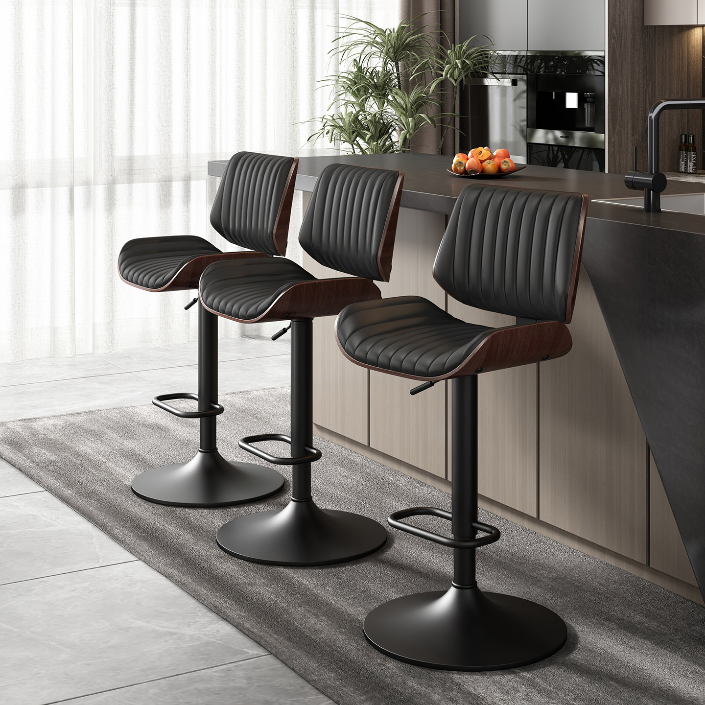 轻奢实木升降吧台椅家用真皮靠背旋转酒吧椅岛台简约高脚凳餐椅子