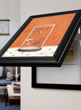 高级感竖版遮挡电表箱装饰画中古风黑色框左N右推拉隐藏画支持定