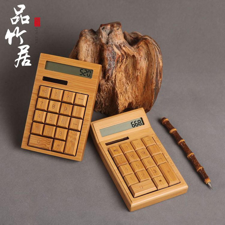 包邮竹制太阳能计算器创意迷你可爱12位数办公商务用便携计算机