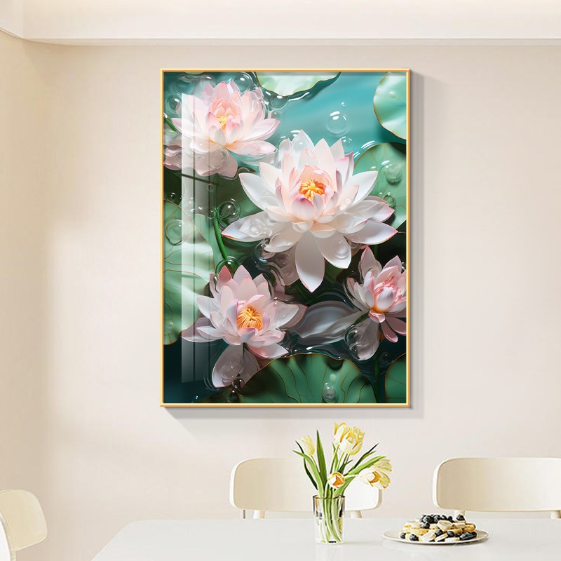 2024新款荷塘月色客厅装饰画莲花餐厅挂画荷花高档晶瓷背景墙壁画图片