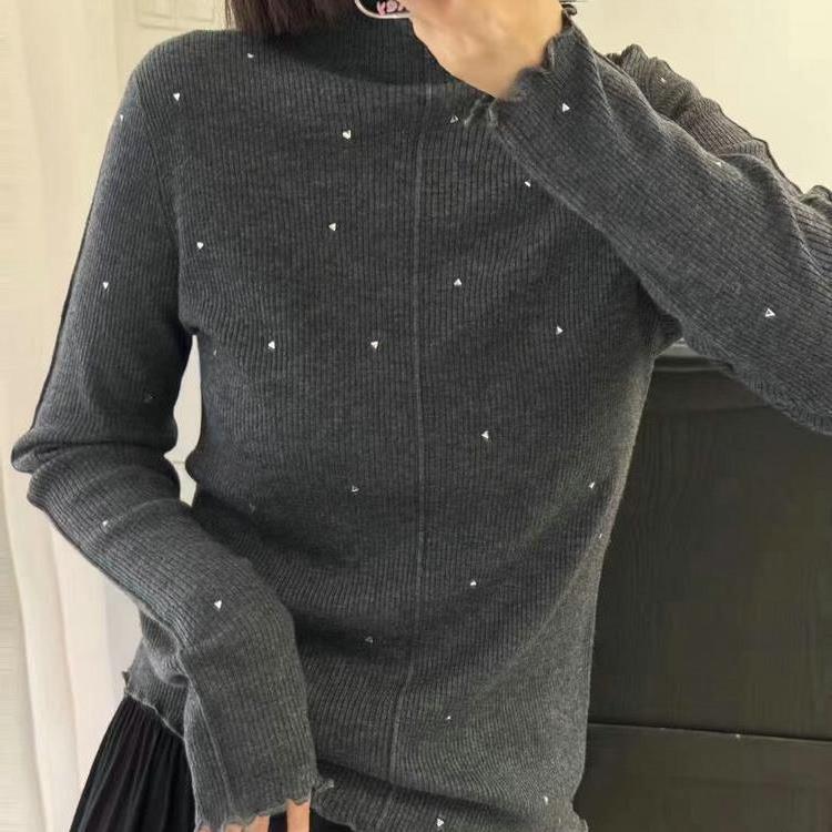 波浪边烫钻细羊毛针织衫2024秋冬装高领修身长袖毛衣女打底衫百搭