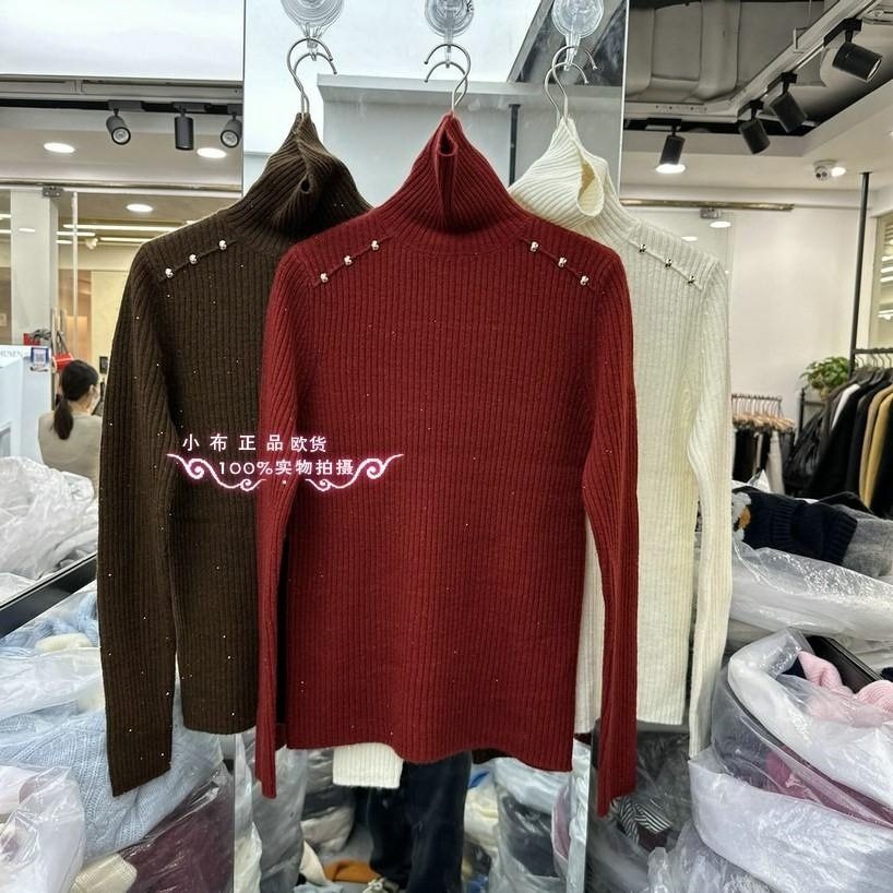 欧洲站2024冬季新款时尚高领肩金属扣坑条羊毛毛衣女订亮片上衣女,女装/女士精品,毛针织衫,淘宝优惠券,粉丝福利购,淘宝优惠卷