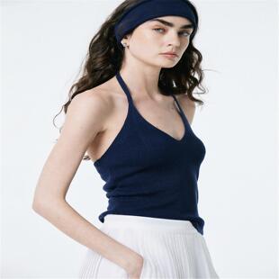 棘光THORNSAURA 苎麻弹力修身针织v领挂脖吊带背心女外穿内搭上衣