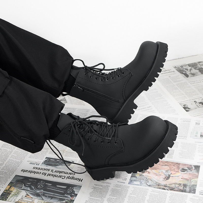 马丁靴男款厚底增高中帮皮鞋英伦皮靴子工装靴高帮男靴透气翘头靴