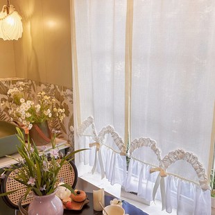 清新奶油色分片式门帘甜美风浪漫小窗帘透光不透人半帘隔断免打孔