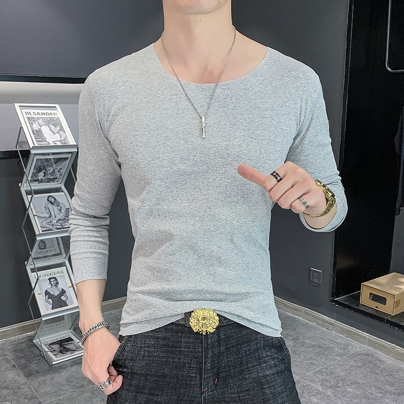 男士长袖T恤丝光棉V领白色紧身薄款T恤衫低领内搭衣秋衣