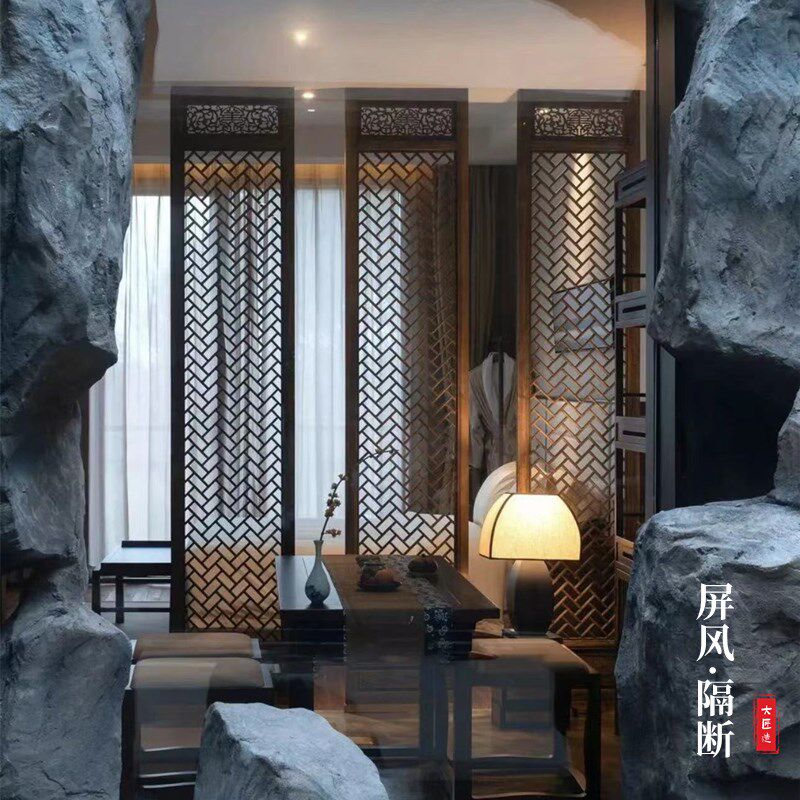 东阳木雕实木屏风隔断客厅中式花窗格栅仿古做旧茶室玄关复镂空门