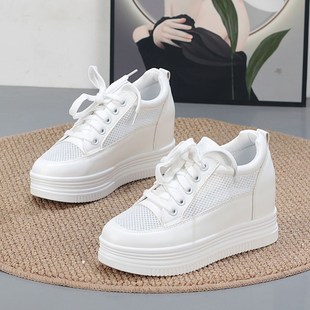 2025夏季网面透气厚底松糕坡跟小白鞋内增高7CM小个子轻便女网鞋