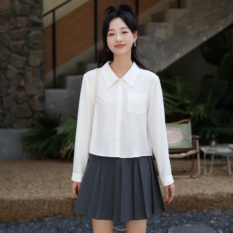 小个子短款长袖衬衫女2024新款设计感小众职业面试垂感显瘦白衬衣