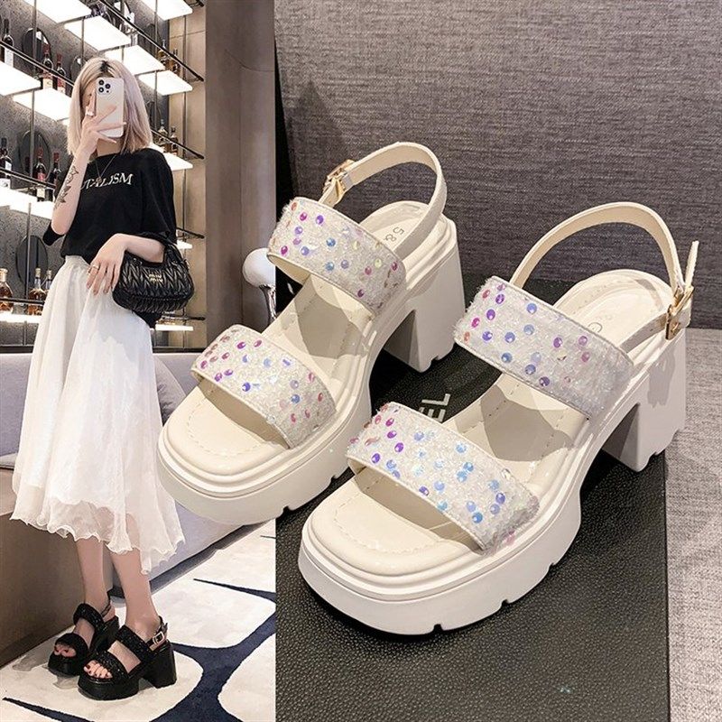 厚底防水台粗跟高跟露趾凉鞋女2025夏季新款银色亮片一字带扣女鞋,女鞋,一字带凉鞋,淘宝优惠券,粉丝福利购,淘宝优惠卷