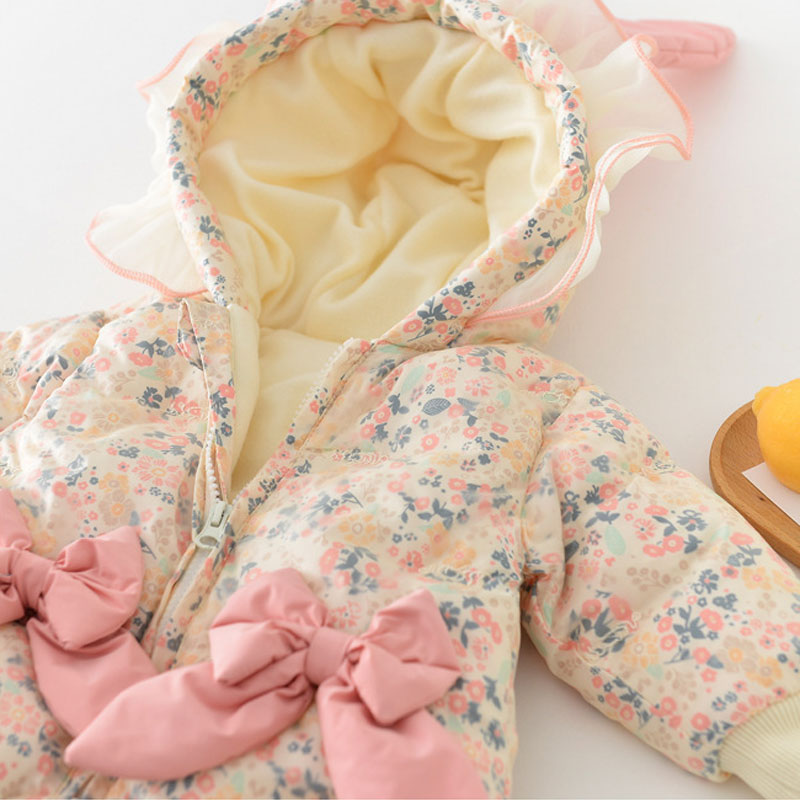 婴儿连体衣冬季加绒加厚碎花女宝宝哈衣带帽爬服冬款棉衣棉服外穿