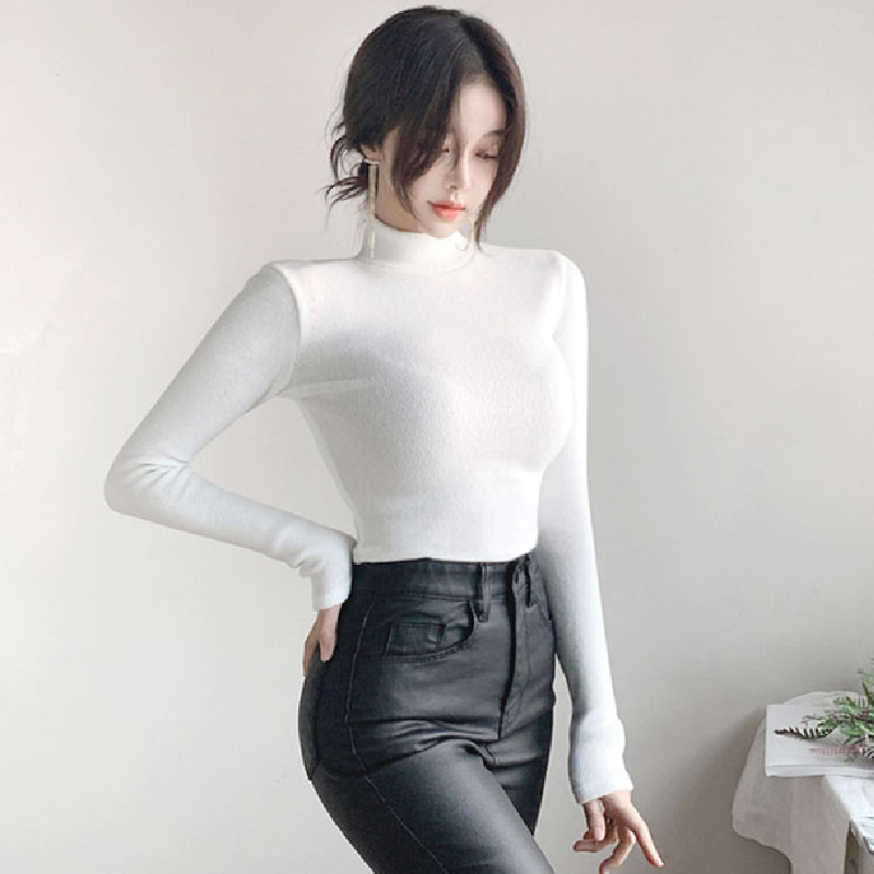 德绒加绒加厚半高领打底衫女高弹z力红色T恤2021秋冬长袖紧身内搭