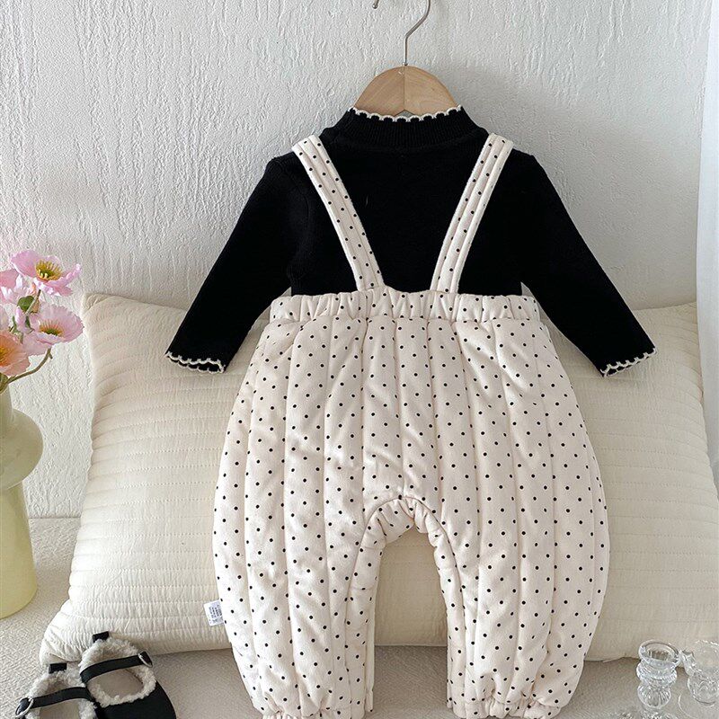 婴幼儿连体衣秋冬装2025新款韩版波点加绒背带裤宝宝爬服两件套装