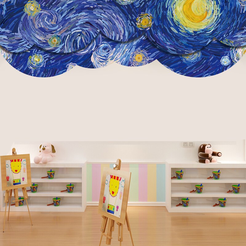 幼儿园美术室走廊吊饰梵高蓝色星空学校布置氛围感主题墙成品贴画