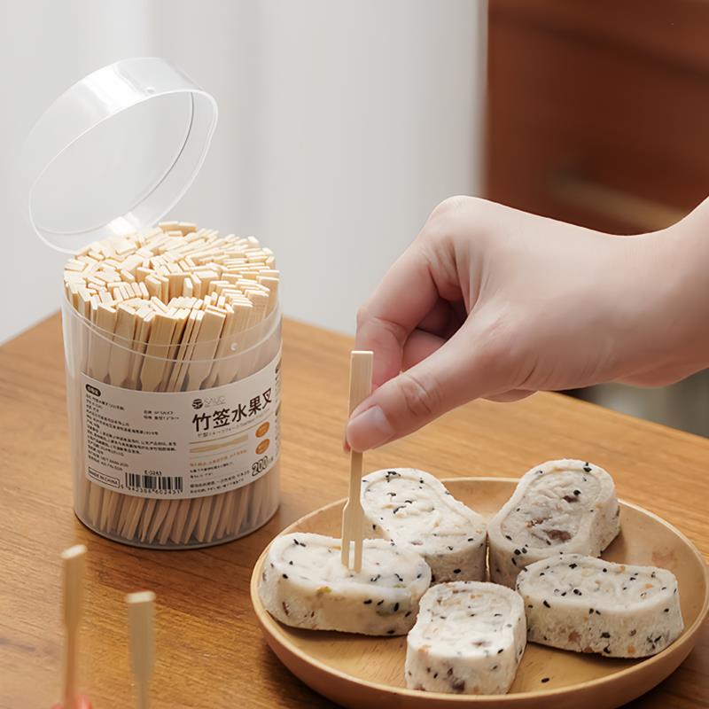 一次性水果叉套装水果签家用两齿蛋糕甜品叉吃水果竹节小叉子安全