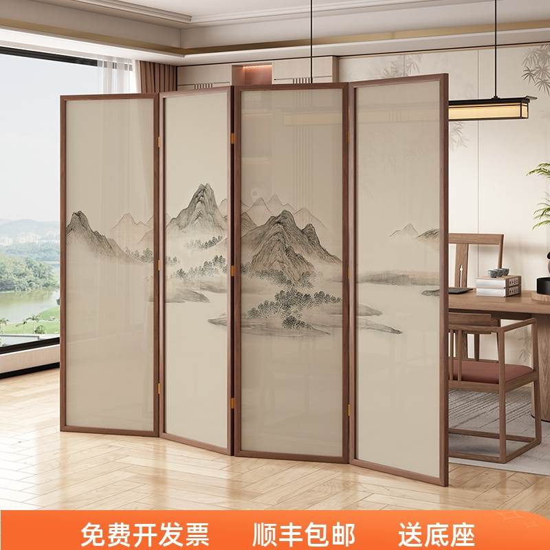新中式实木移动折叠屏风隔断办公室门口茶室会客厅群山环抱山水画