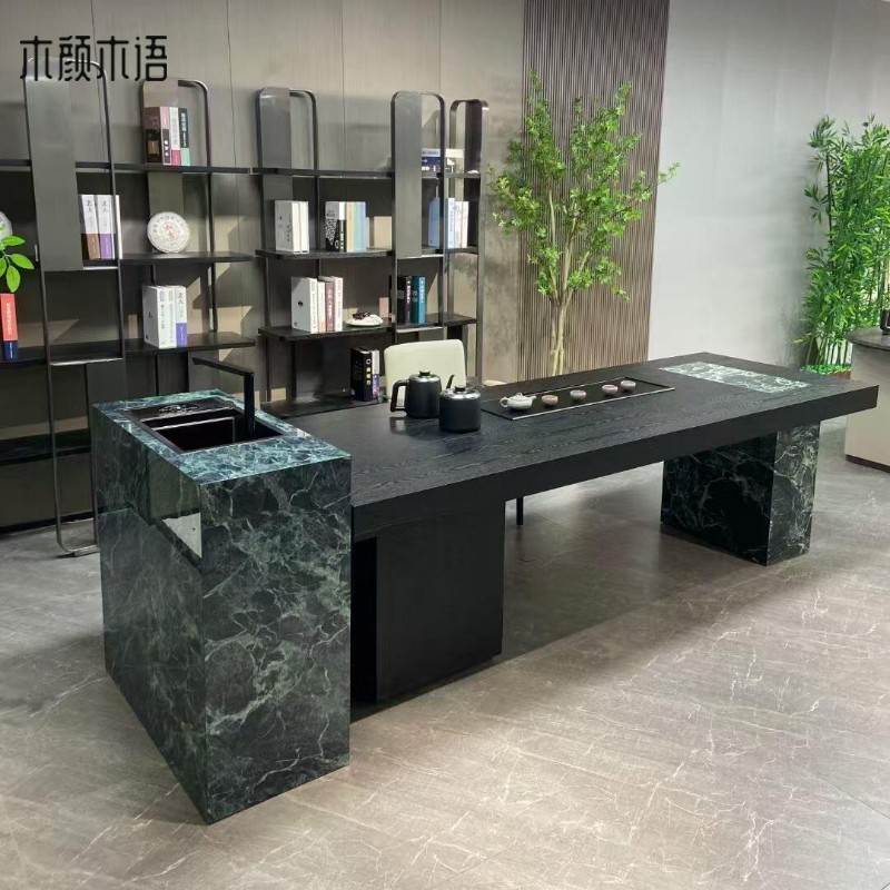 意式极简岩板岛台茶桌带水槽现代简约2025设计师新中式高端泡茶台