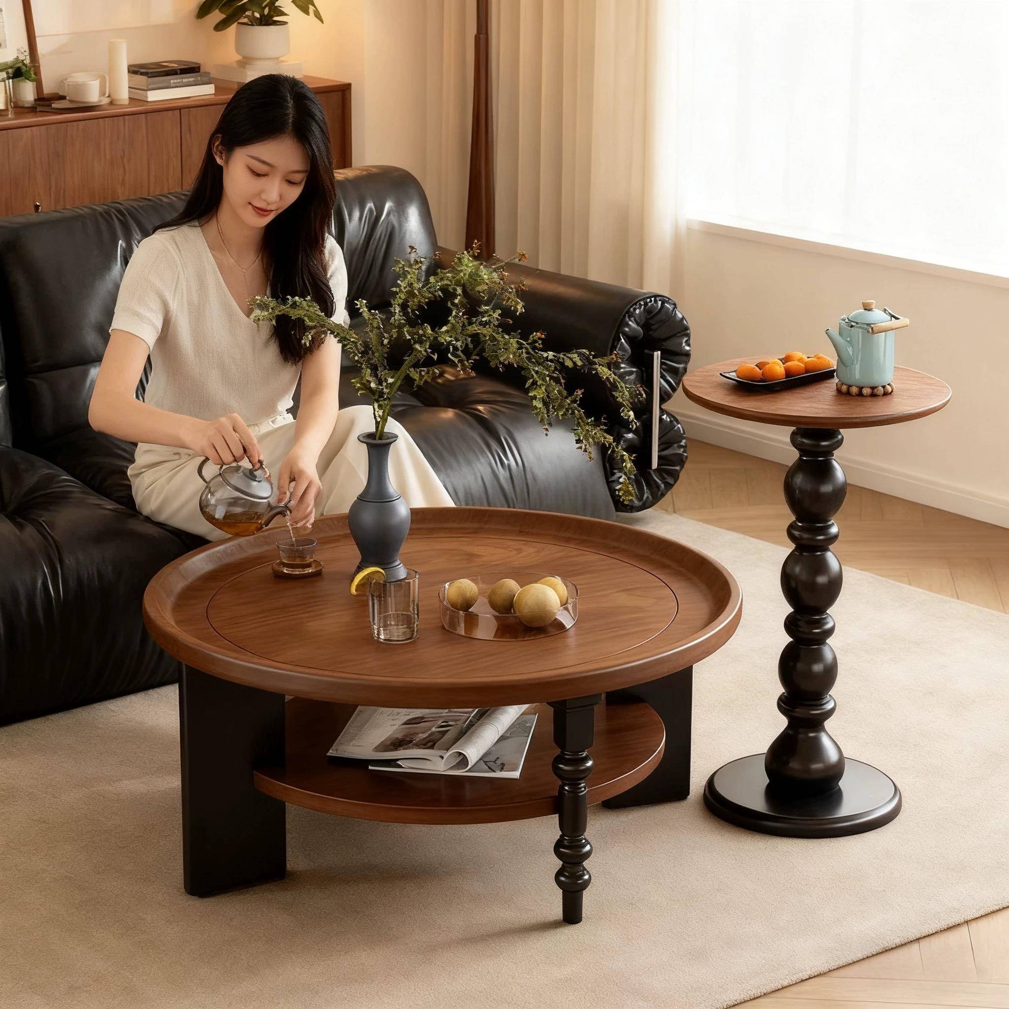 中古风实木茶几圆形法式覆古创意茶桌家用小桌子小户型客厅茶几柜