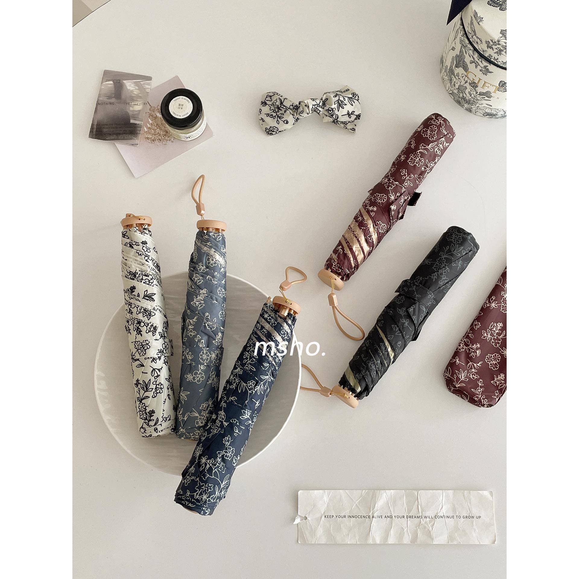 msho覆古碎花~超轻小铅笔雨伞女便携折叠高颜值ins防紫外线太阳伞