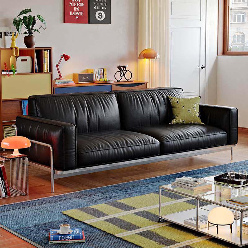 政府补贴回廊沙发中古包豪斯黑色油蜡皮小户型客厅不锈钢真皮沙发