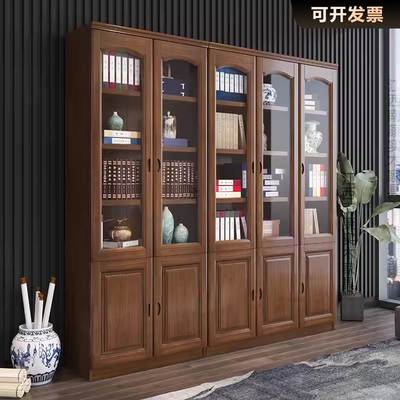 实木橡木书柜带钢化玻璃门三门中式书架储物现代书橱办公室文件柜