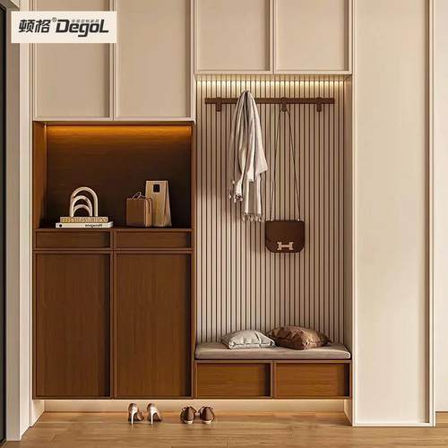 顿格法式实木入户玄关鞋柜挂衣区换鞋凳多功能柜一体靠墙全屋定制