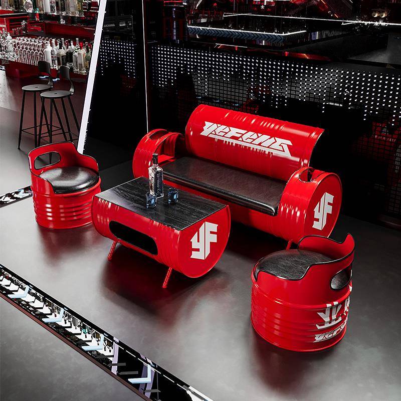 酒吧桌椅组合油桶沙发ktv铁艺茶几服装店创意工业风覆古卡座沙发