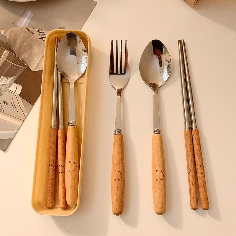 可爱笑脸筷子勺子叉子餐具套装木柄不锈钢三件套学生成人便携一人