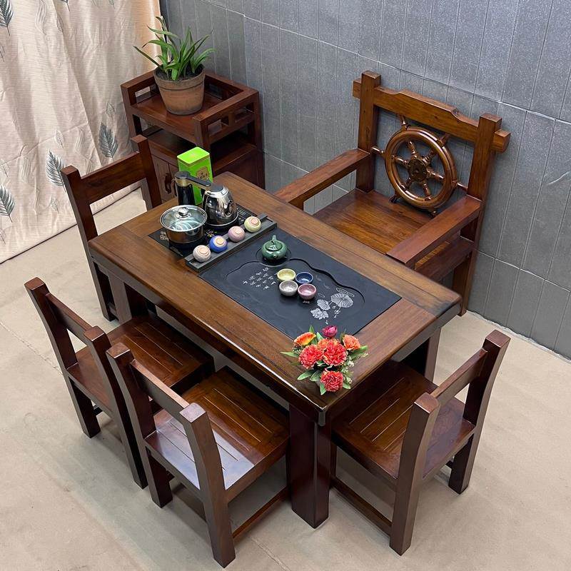 老船木阳台小茶桌椅组合客厅纯实木茶几茶台办公室茶桌小户型家用