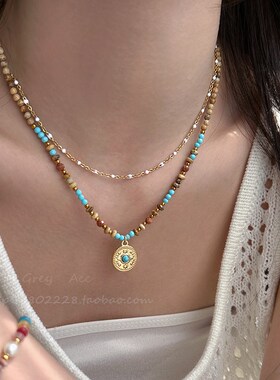 绿松石米珠串珠白釉双层项链女2025新款高级感轻奢小众锁骨链颈链