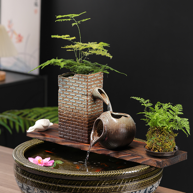 古法鱼缸水循环造景过滤器新中式微景观流水摆件庭院鱼池水景装饰