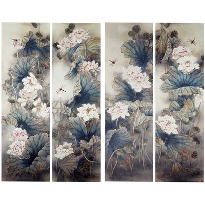 高工笔画荷四条屏白描底稿国画鸟临摹练习样稿实物打印底稿