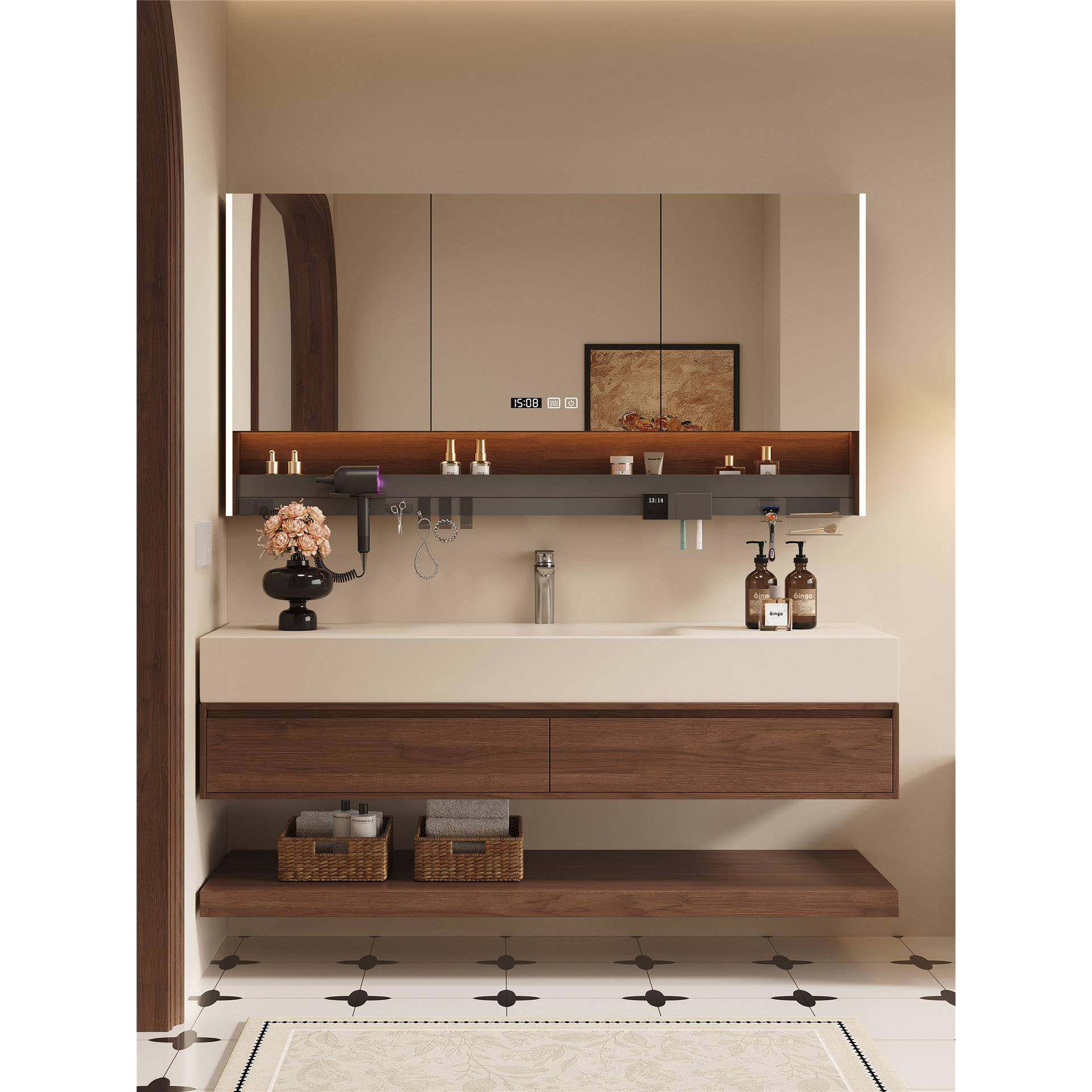 中古风胡桃木色岩板热弯一体盆分层浴室柜组合简约卫生间洗手脸盆