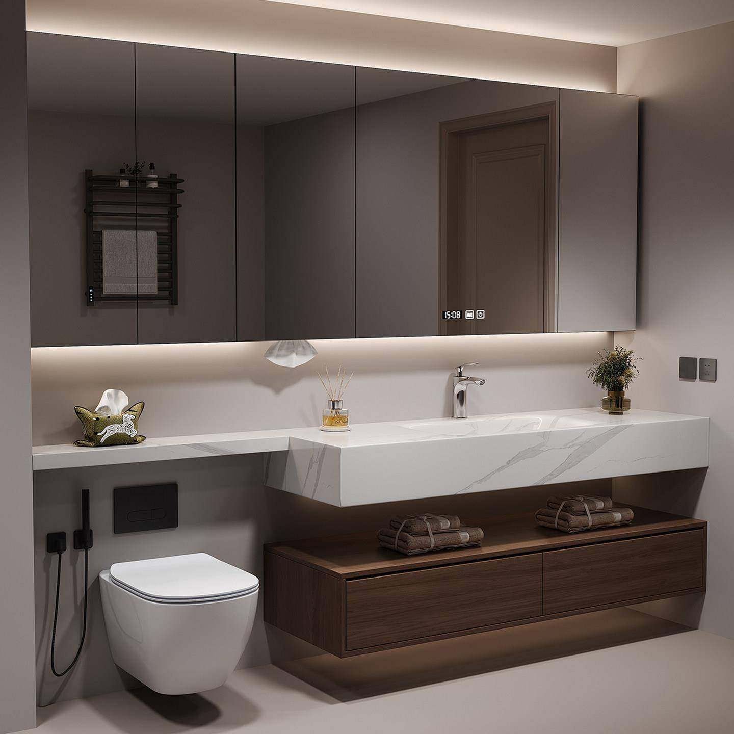 酒店风浴室柜岩板热弯一体盆马桶延长洗漱台洗脸洗手盆柜组合定制